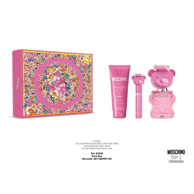 moschino bubble gum eau de toilette 100 ml + 1 tube perfumed body lotion 100 ml + eau de toilette travel spray 10 ml