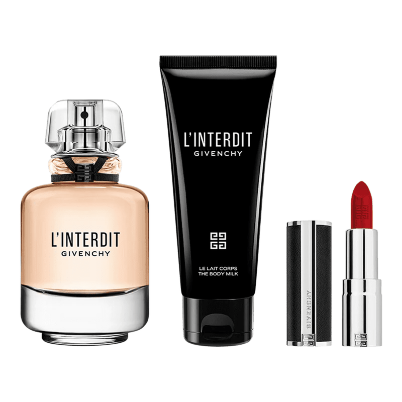 givenchy l'interdit eau de parfum with body lotion and mini le rouge interdit