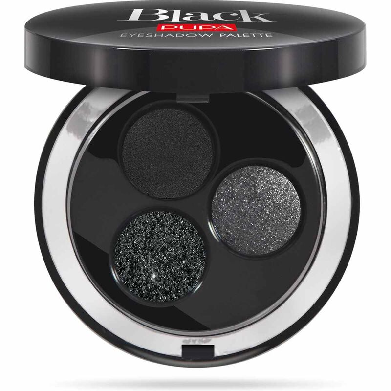 pupa black eyeshadow palette 001 shades of black glitter, mat, metallic