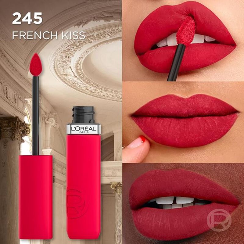 l'oreal paris liquid lipstick, intense colour, longwear matte formula with hyaluronic acid 245 french kiss