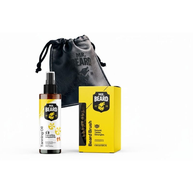 mr beard sun & style bundle tanning oil + beard brush + leather travel pouch