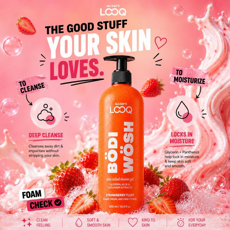 looq bodi wosh strawberry fluff body wash 500ml