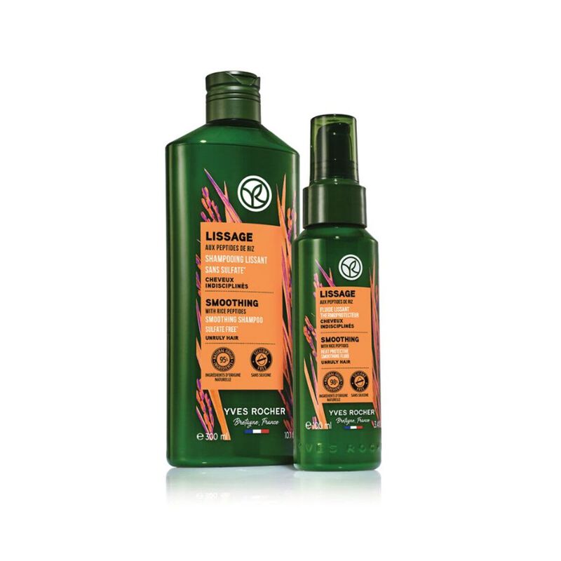 yves rocher smoothing fluid  heat protective with rice peptides for unruly hair